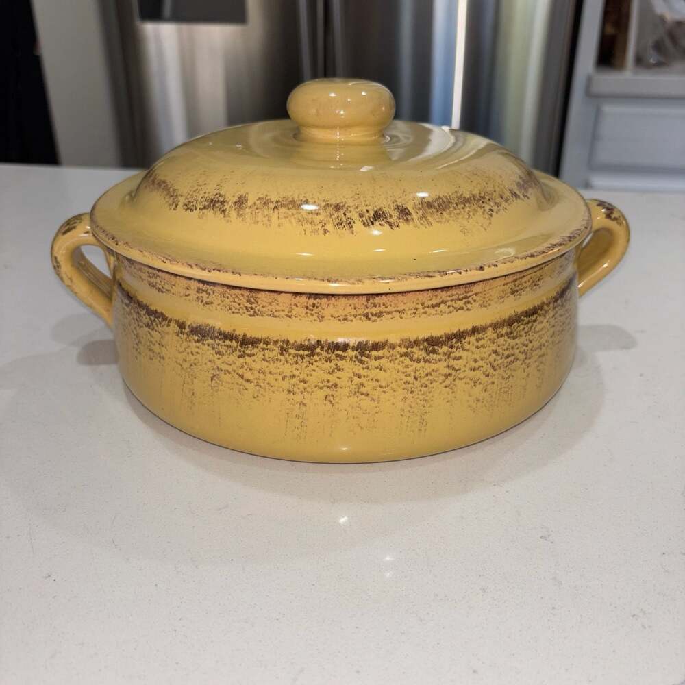 De Silva Yellow Glazed Terracotta Covered Casserole Dish Italy